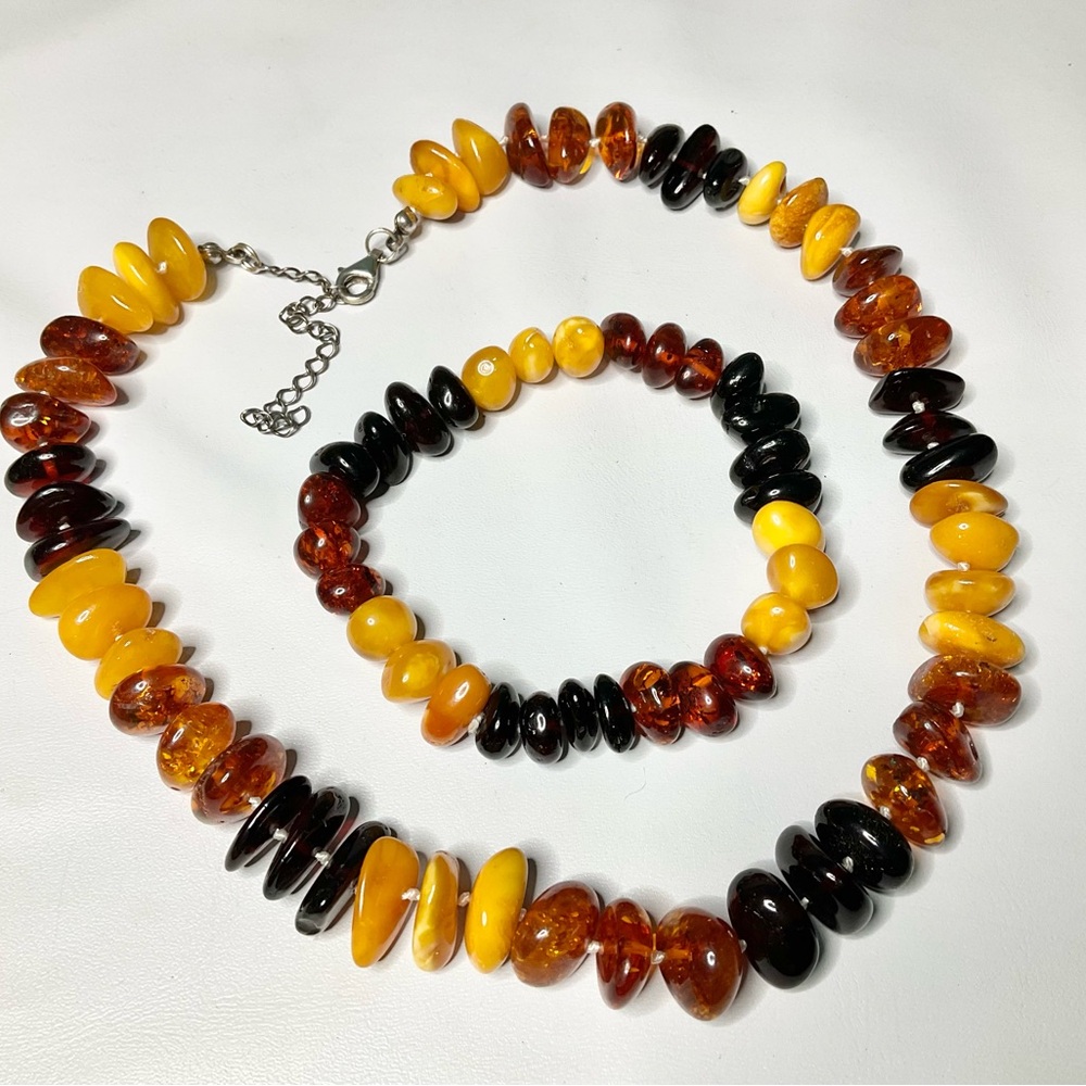 Amber Beads Necklace + Matching Bracelet 925 Clasp Extender